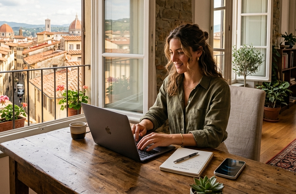 Professionista che lavora da remoto in un luminoso appartamento italiano