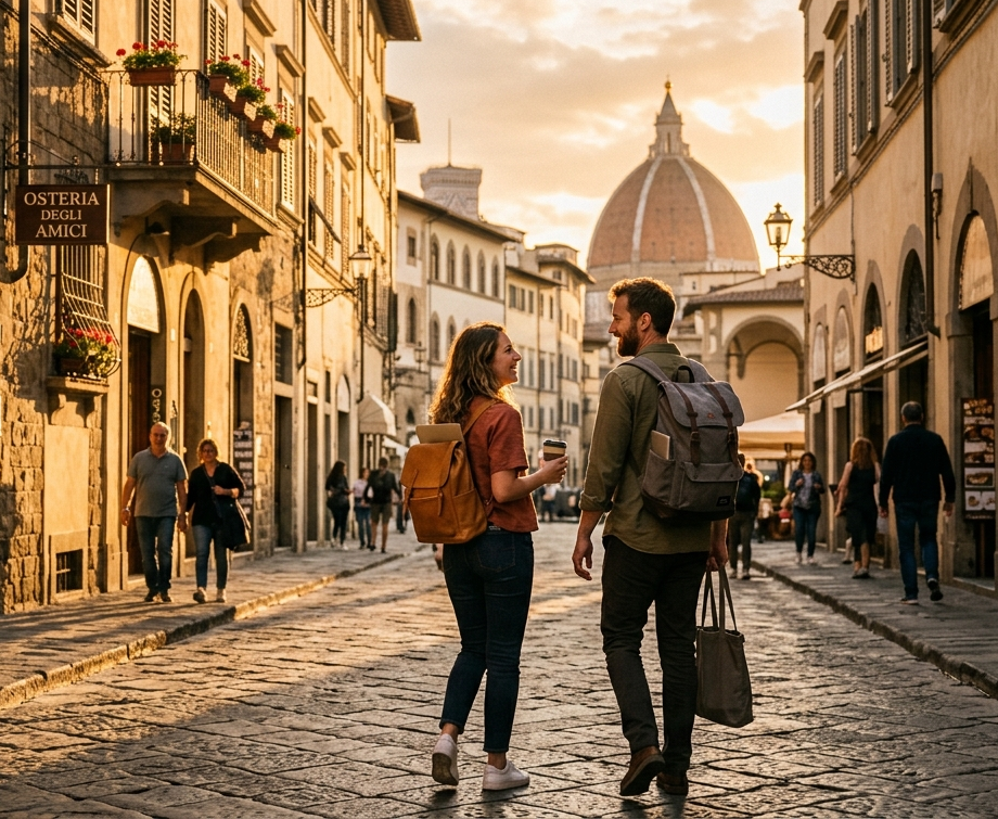 Coppia di digital nomads che passeggia per le strade di Firenze