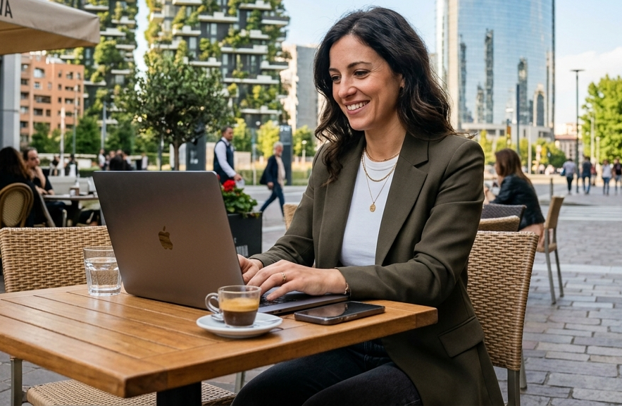 Freelancer che lavora al laptop nella terrazza di un caffè a Milano