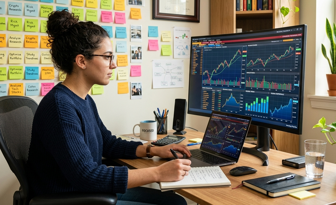 Persona che studia grafici finanziari su un monitor in un home office luminoso