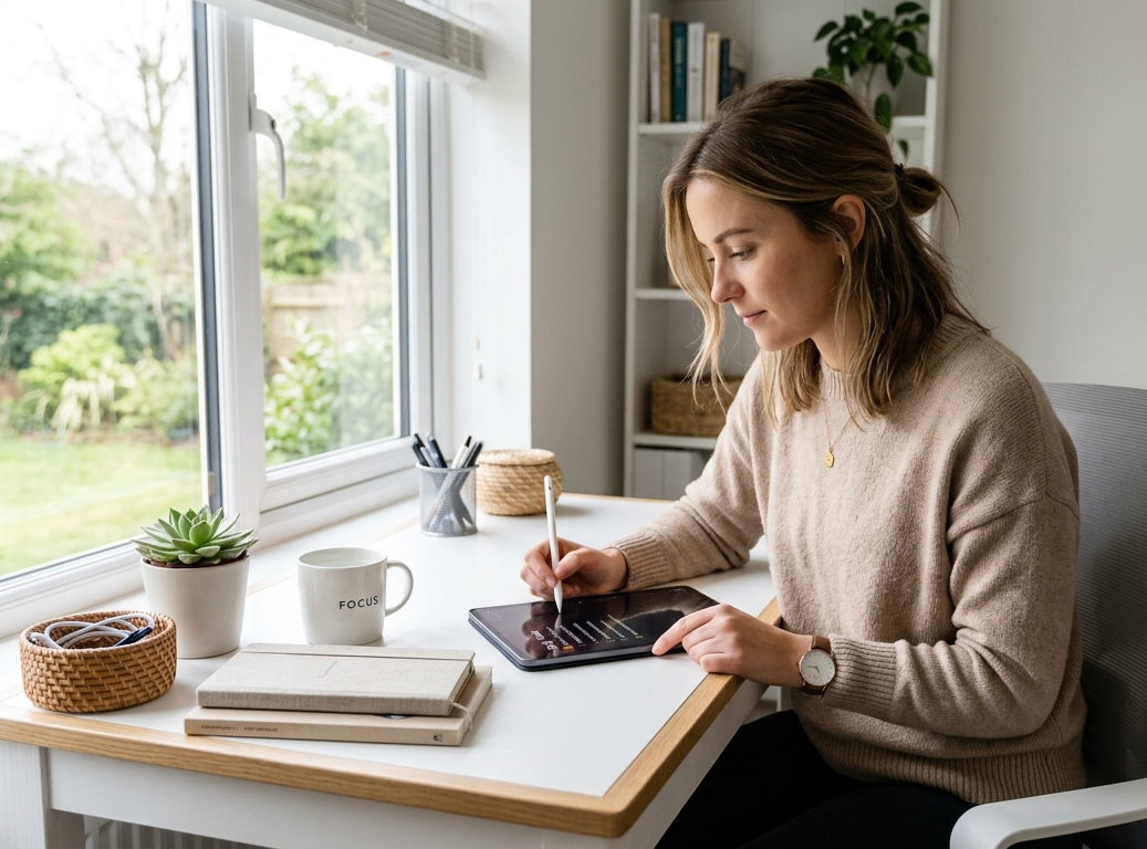 Donna che controlla una checklist digitale su un tablet in uno spazio di lavoro minimalista